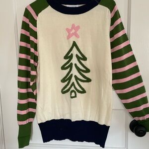 OXKNIT Striped Green and Pink Sweater Christmas tree size L
